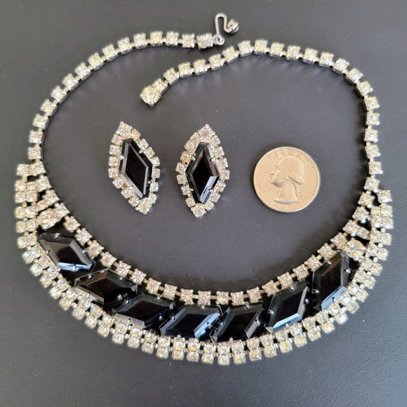 Vintage Black and Clear Bib Style Rhinestone Necklace & Earring Set - Picture 3 of 9
